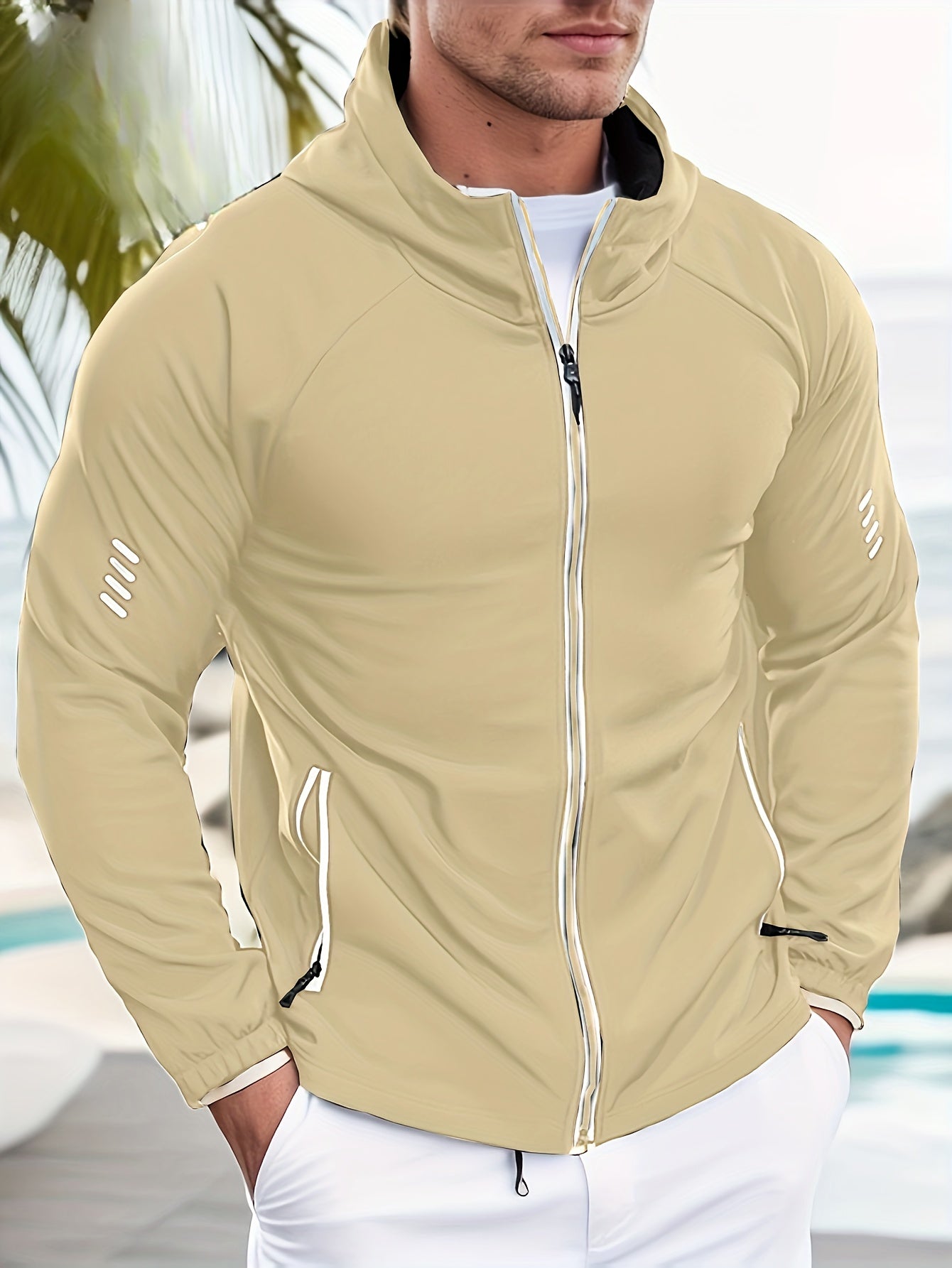 Men's Autumn Hooded Outdoor Jacket with Reflective Zip-Up Design