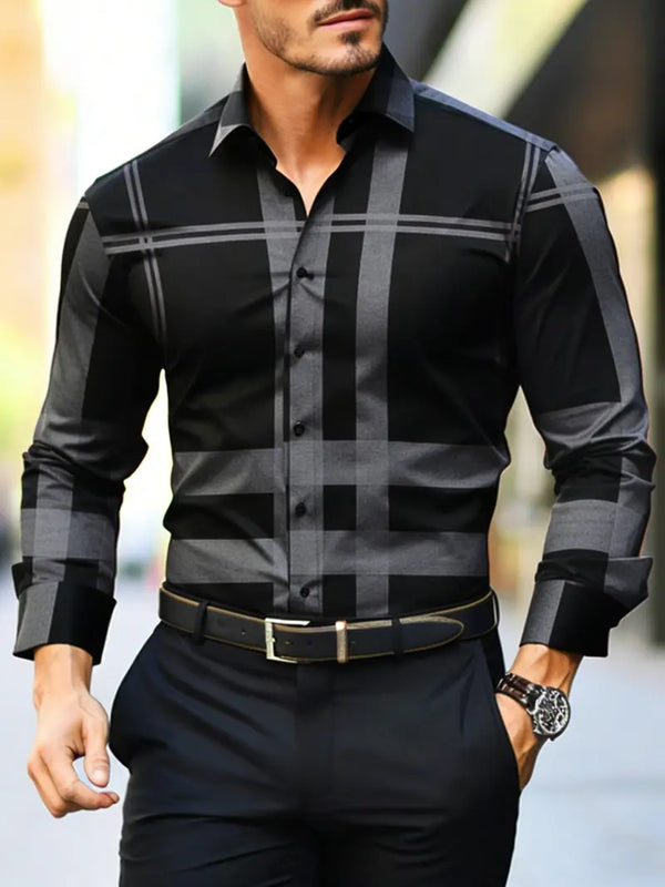 Men’s Casual Button Up Shirt Long Sleeve Checked Pattern Dress Top