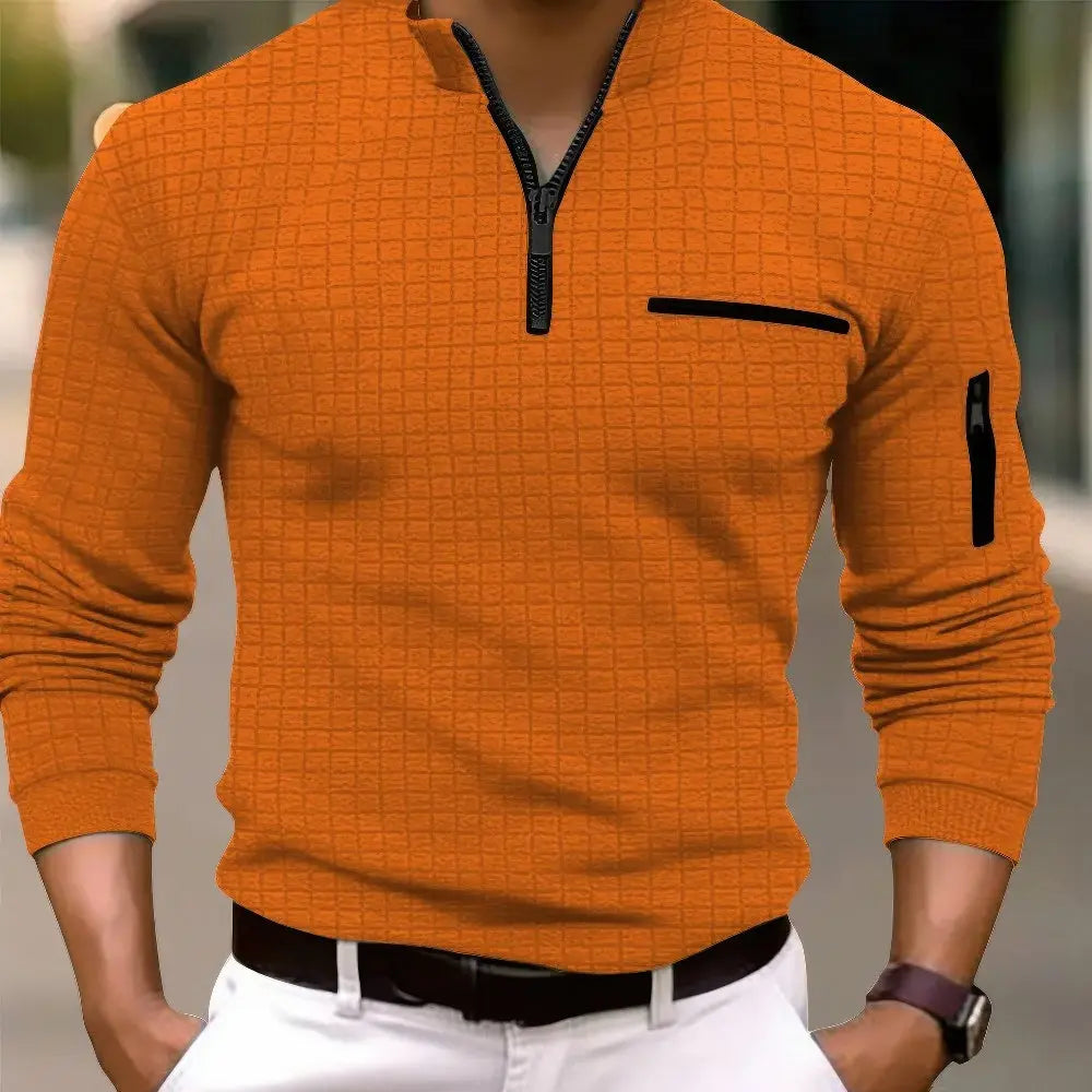 Men's Casual Cotton Long Sleeve Polo Shirt Pocket Zipper - Solorfit