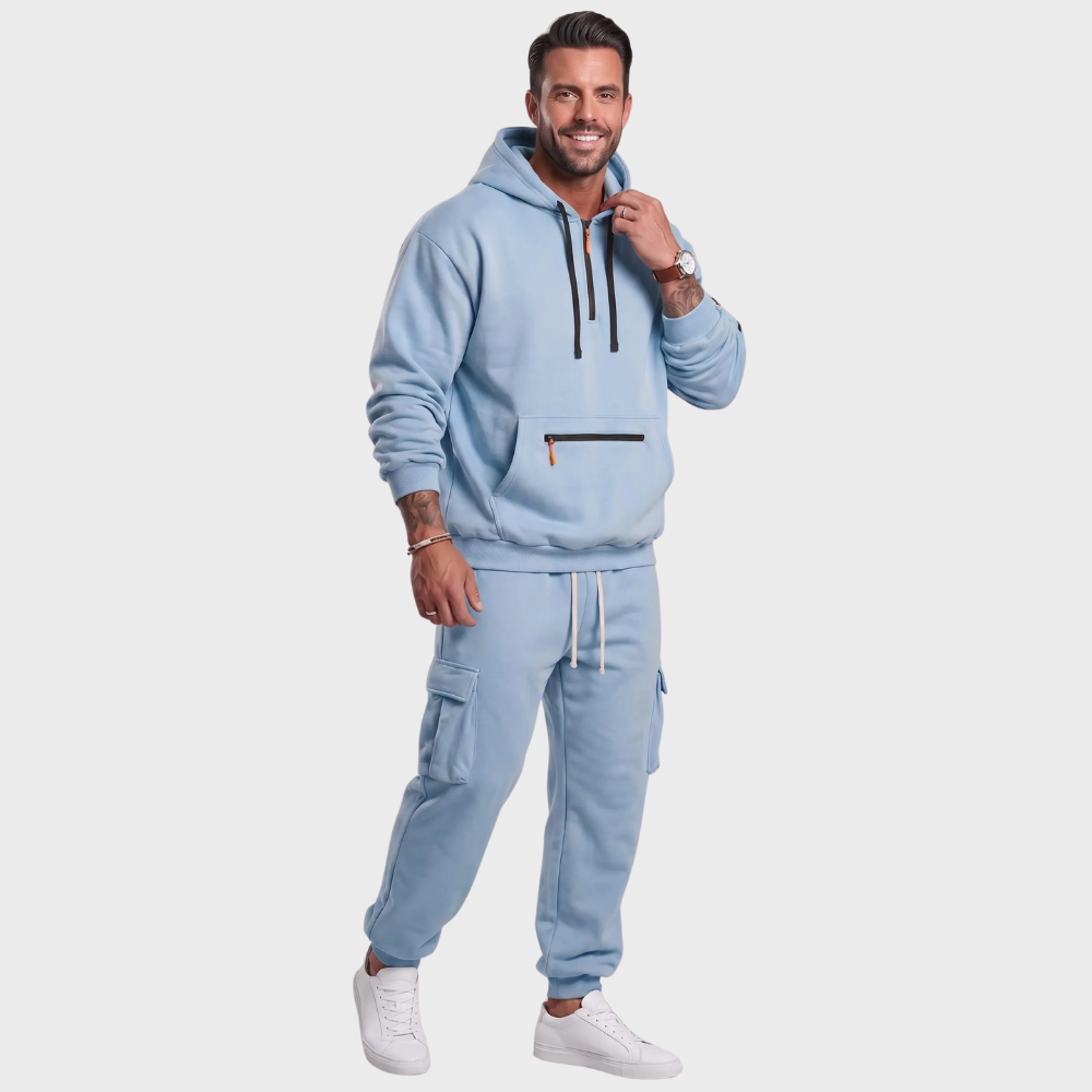 Men’s Hooded Sweatshirt Set – Casual Drawstring Top and Cargo Jogger Pants