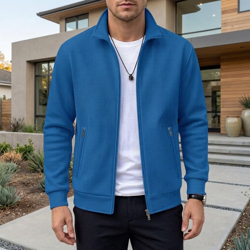 Men’s Textured Zip-Up Jacket with Stand Collar for Everyday Wear