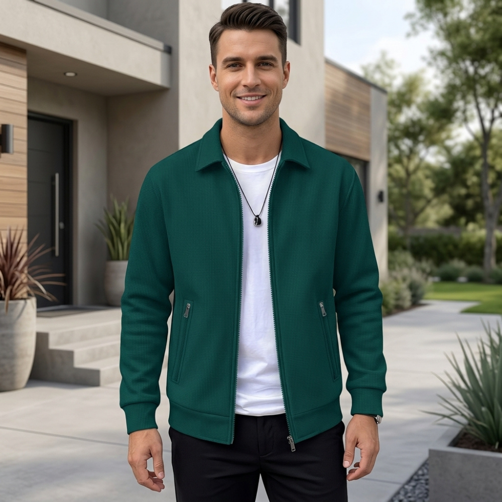 Men’s Textured Zip-Up Jacket with Stand Collar for Everyday Wear