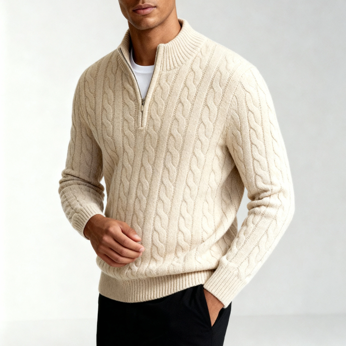 Harbour Men Quarter-Zip Up Sweater - Beige