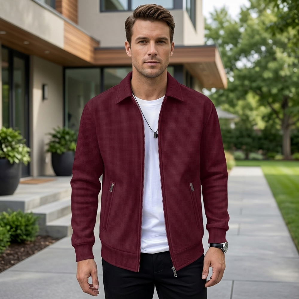 Men’s Textured Zip-Up Jacket with Stand Collar for Everyday Wear
