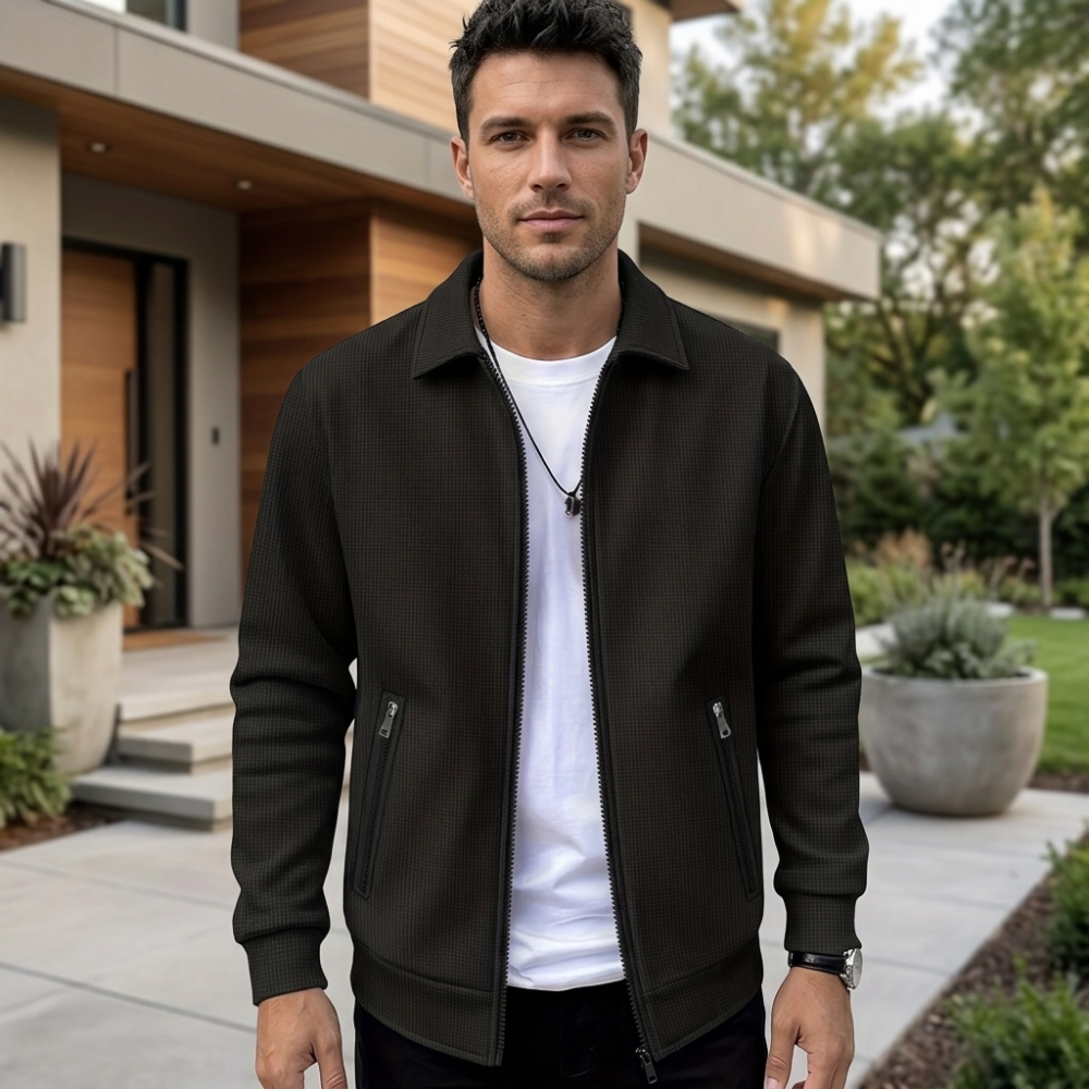 Men’s Textured Zip-Up Jacket with Stand Collar for Everyday Wear