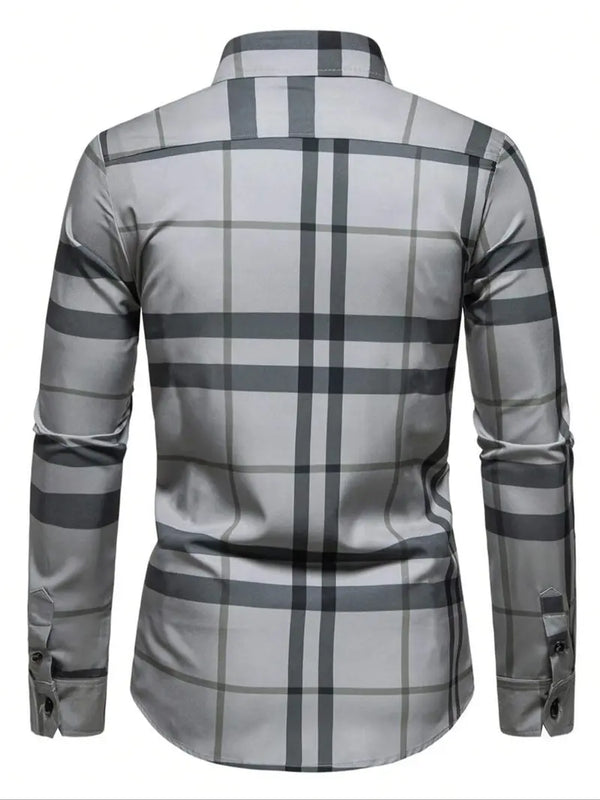 Men’s Casual Button Up Shirt Long Sleeve Checked Pattern Dress Top