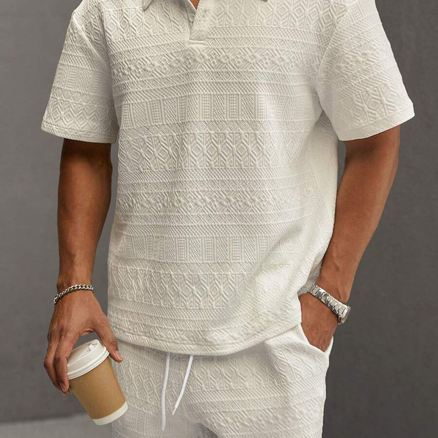 Men’s Geometric Pattern Short Sleeve Polo Shirt and Shorts Casual Outfit Set