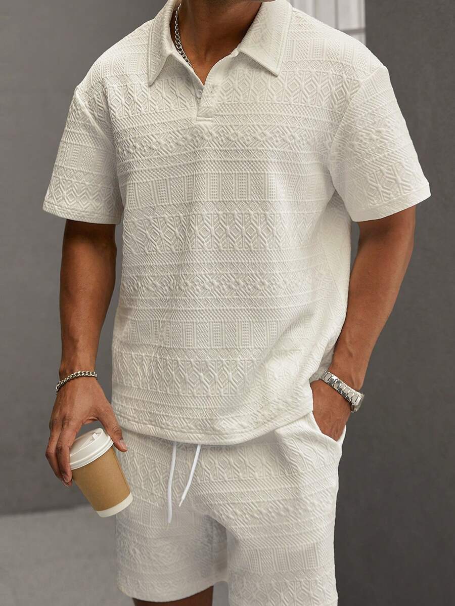Men’s Geometric Pattern Short Sleeve Polo Shirt and Shorts Casual Outfit Set