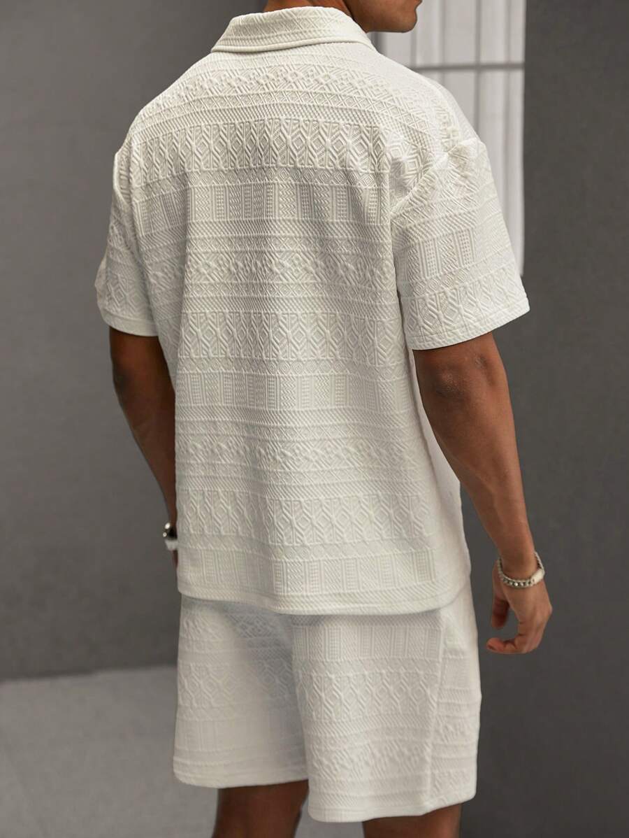 Men’s Geometric Pattern Short Sleeve Polo Shirt and Shorts Casual Outfit Set