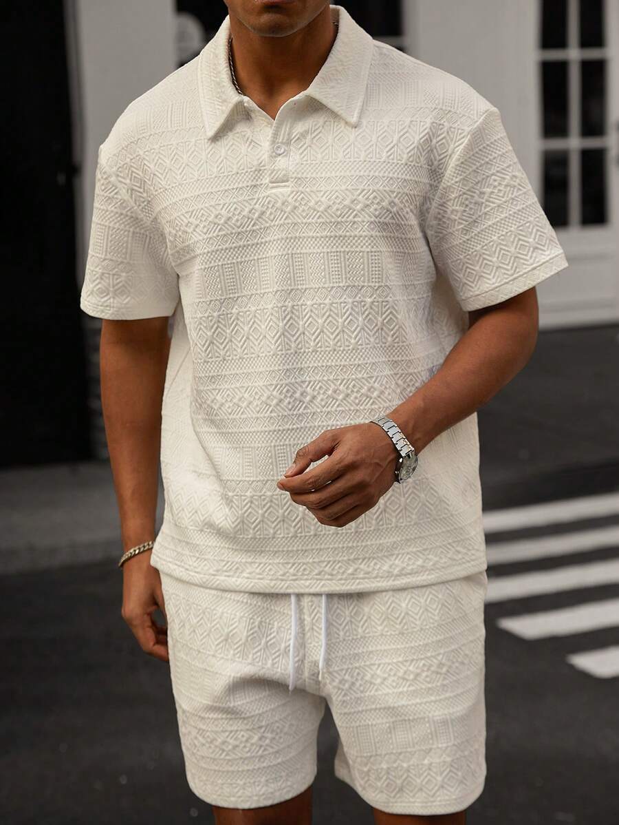 Men’s Geometric Pattern Short Sleeve Polo Shirt and Shorts Casual Outfit Set