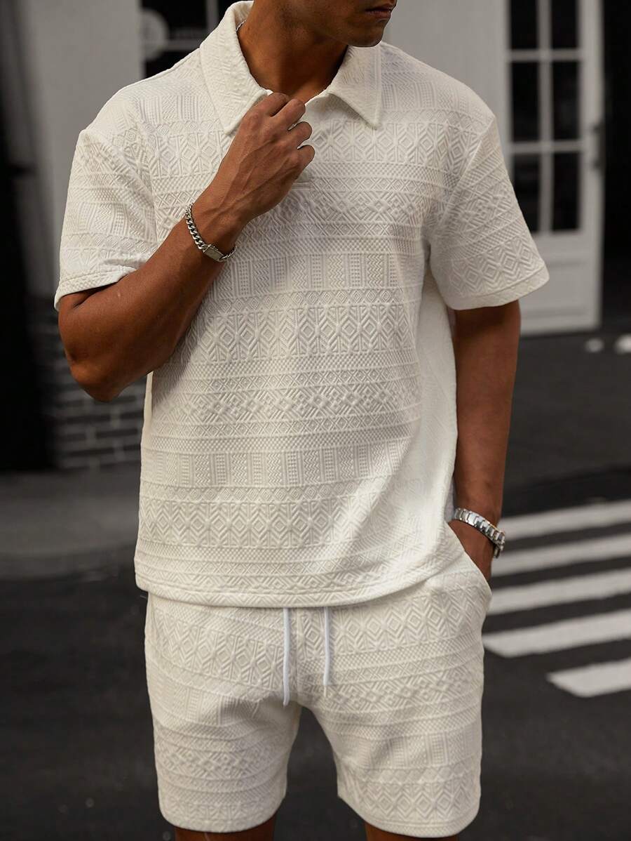 Men’s Geometric Pattern Short Sleeve Polo Shirt and Shorts Casual Outfit Set