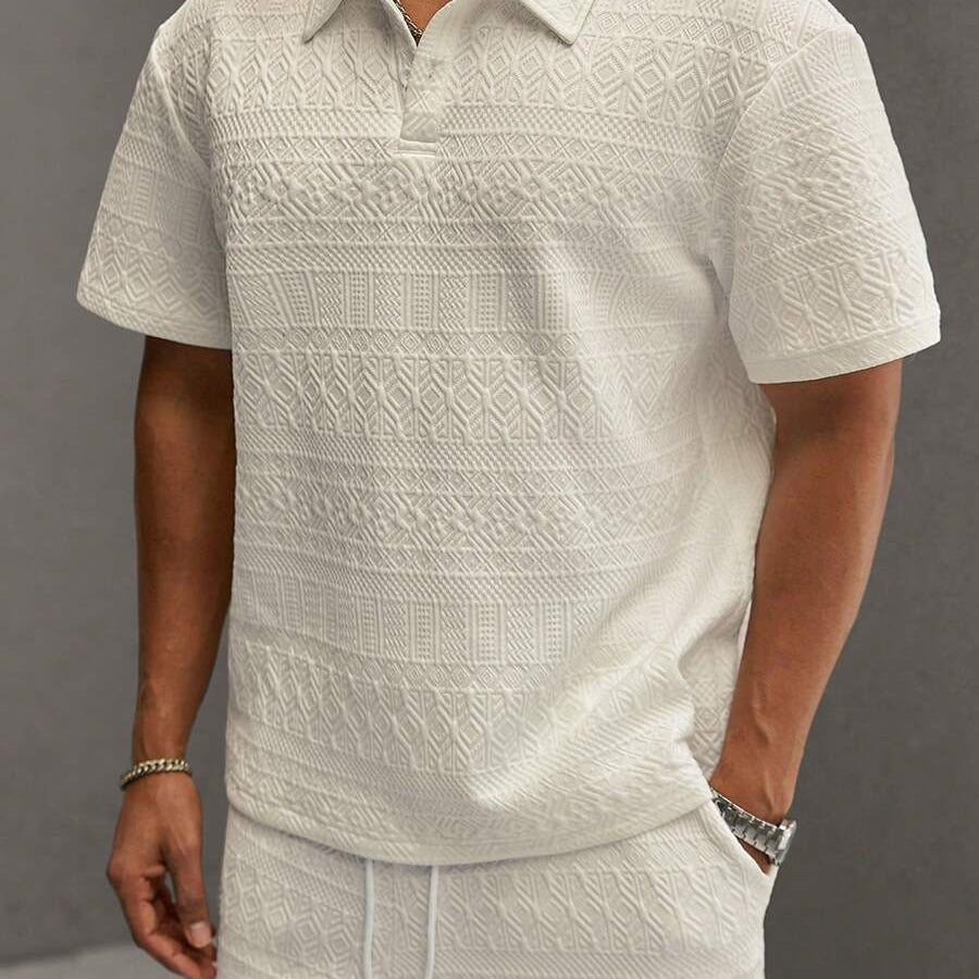 Men’s Geometric Pattern Short Sleeve Polo Shirt and Shorts Casual Outfit Set