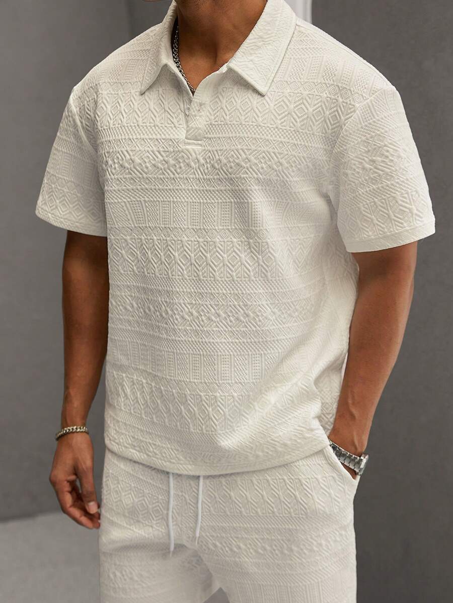 Men’s Geometric Pattern Short Sleeve Polo Shirt and Shorts Casual Outfit Set