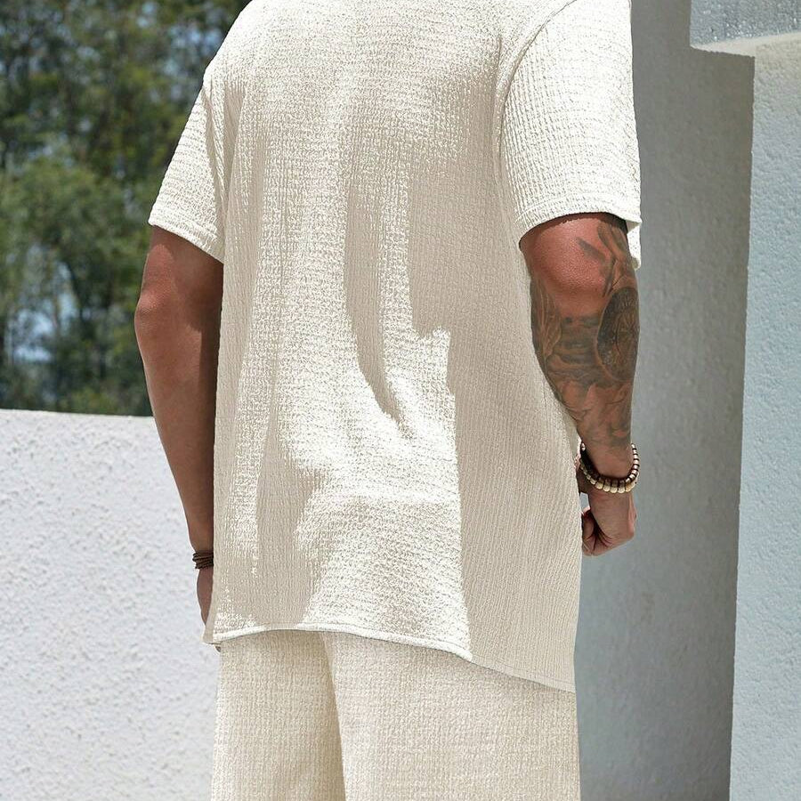 Men’s Jacquard Two-Piece Summer Set – Short Sleeve Shirt & Shorts Casual Outfit