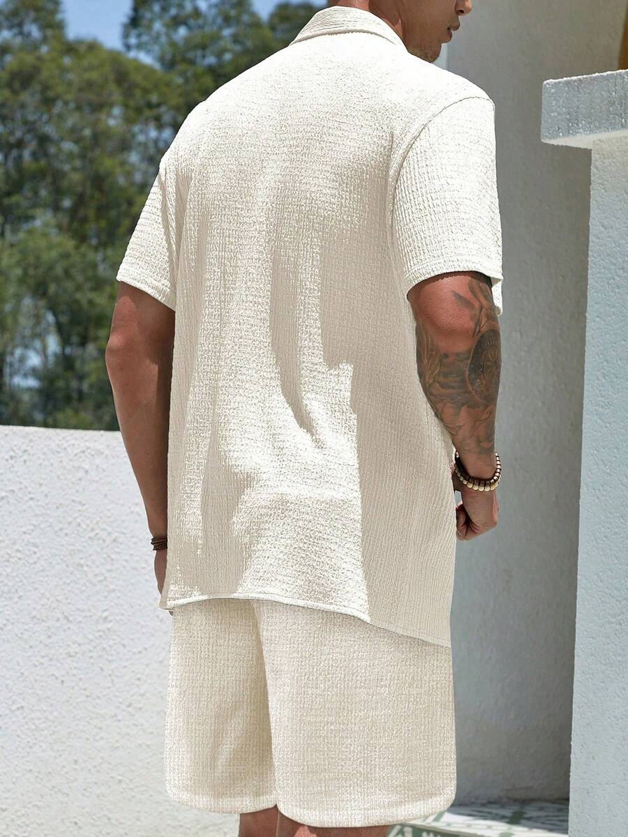 Men’s Jacquard Two-Piece Summer Set – Short Sleeve Shirt & Shorts Casual Outfit