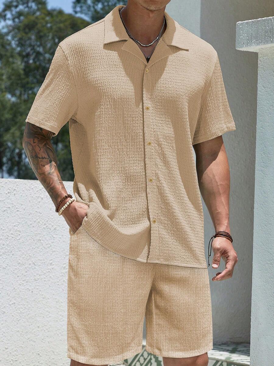 Men’s Jacquard Two-Piece Summer Set – Short Sleeve Shirt & Shorts Casual Outfit