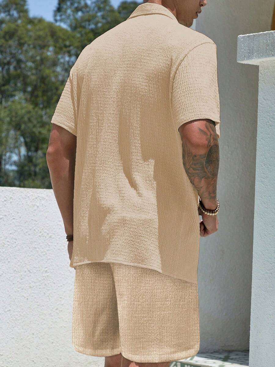 Men’s Jacquard Two-Piece Summer Set – Short Sleeve Shirt & Shorts Casual Outfit