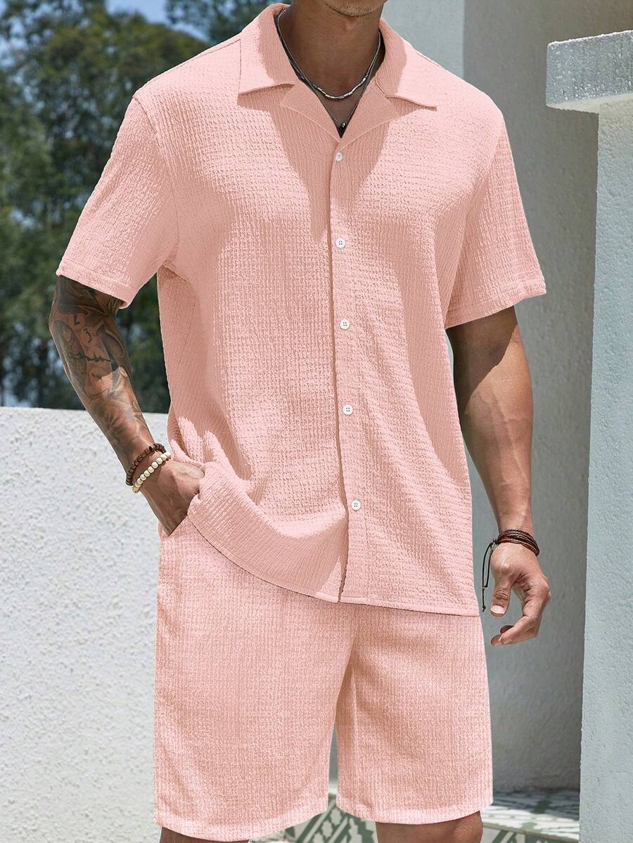 Men’s Jacquard Two-Piece Summer Set – Short Sleeve Shirt & Shorts Casual Outfit
