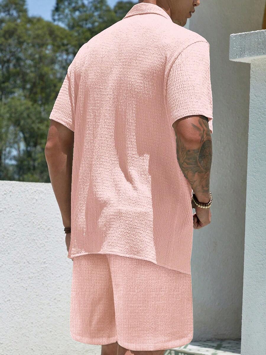 Men’s Jacquard Two-Piece Summer Set – Short Sleeve Shirt & Shorts Casual Outfit