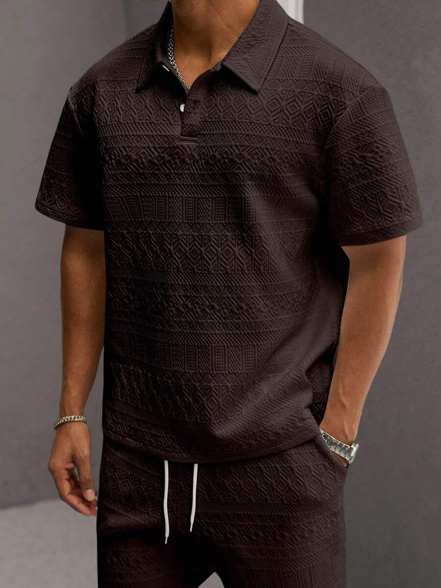 Men’s Geometric Pattern Short Sleeve Polo Shirt and Shorts Casual Outfit Set