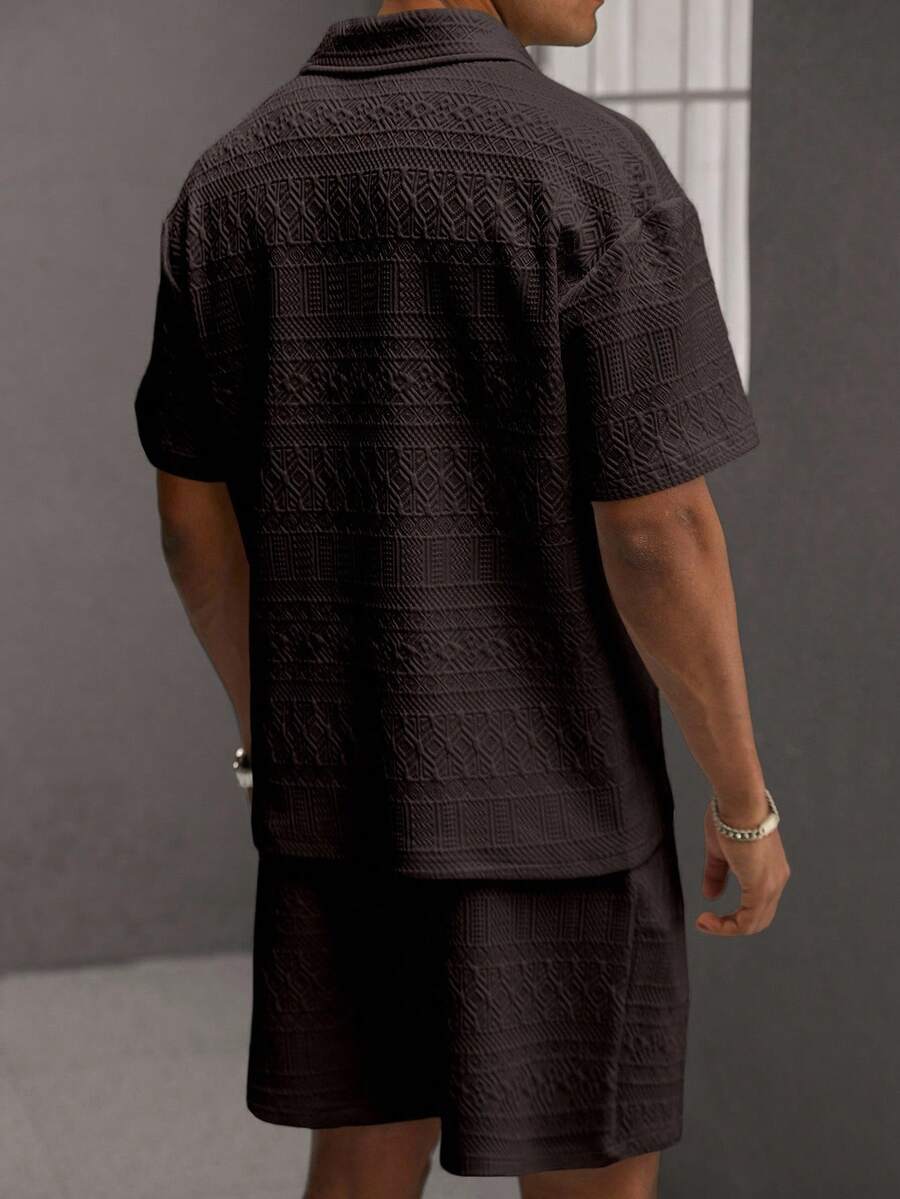 Men’s Geometric Pattern Short Sleeve Polo Shirt and Shorts Casual Outfit Set