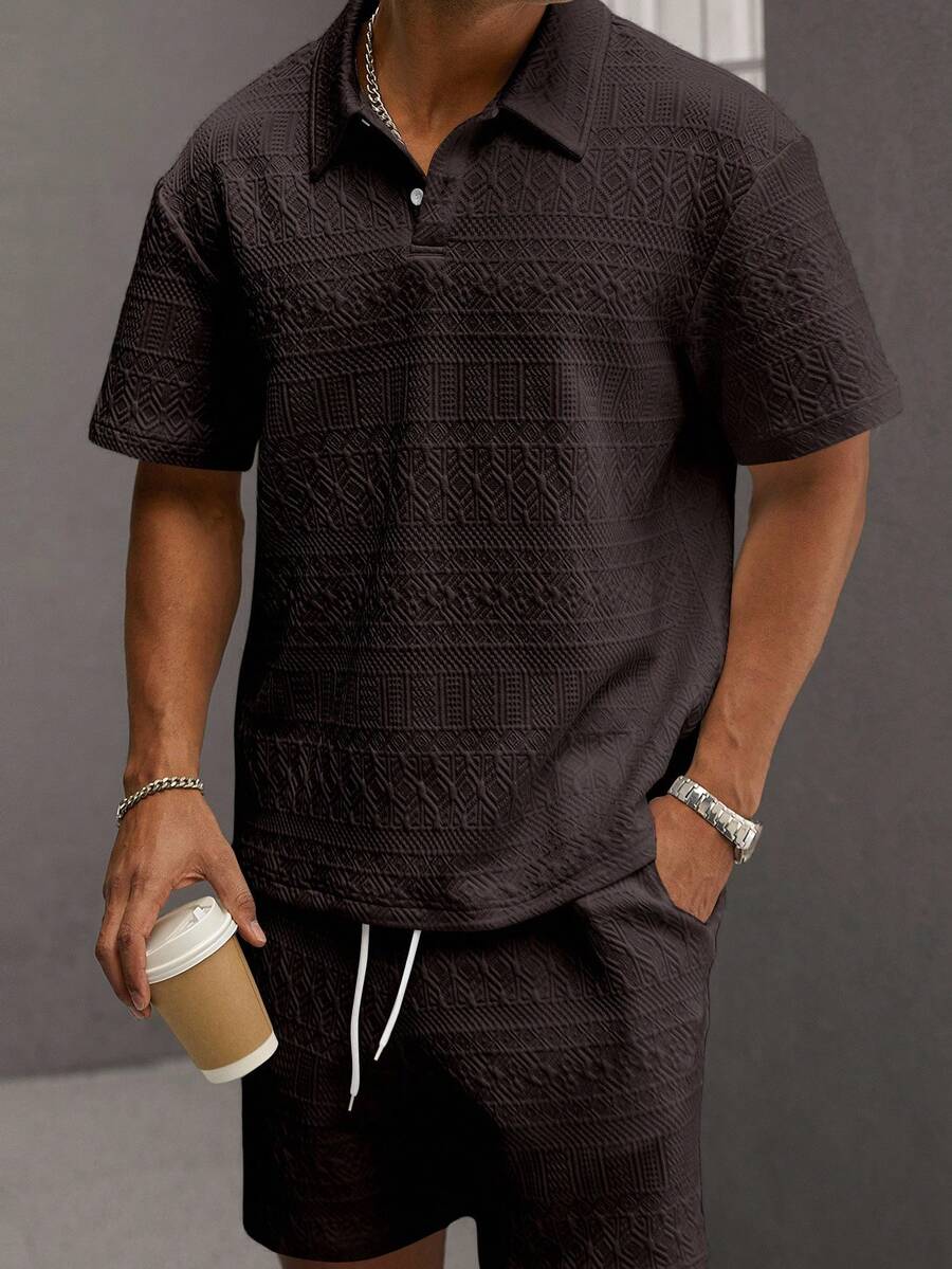 Men’s Geometric Pattern Short Sleeve Polo Shirt and Shorts Casual Outfit Set