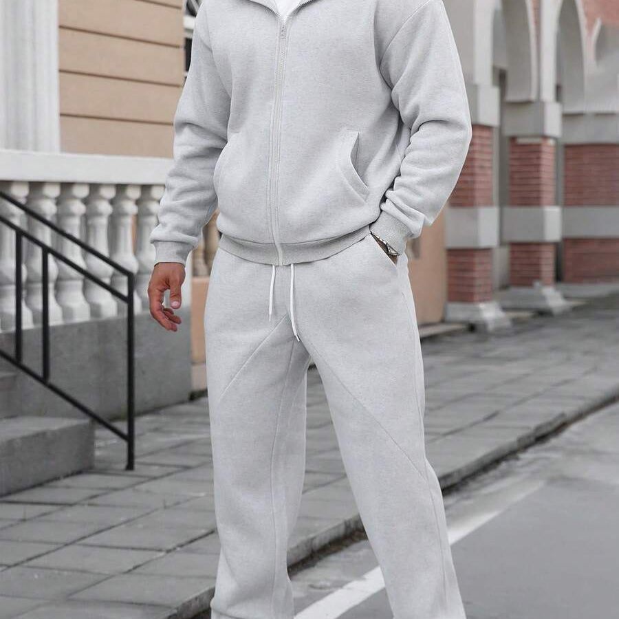 Men’s Grey Two-Piece Tracksuit – Casual Hoodie & Flared Jogger Set