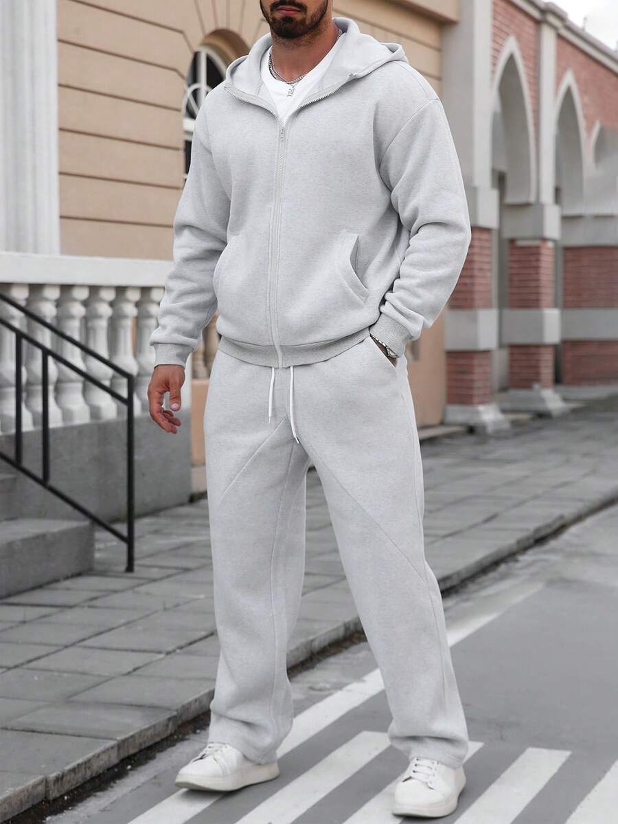 Men’s Grey Two-Piece Tracksuit – Casual Hoodie & Flared Jogger Set