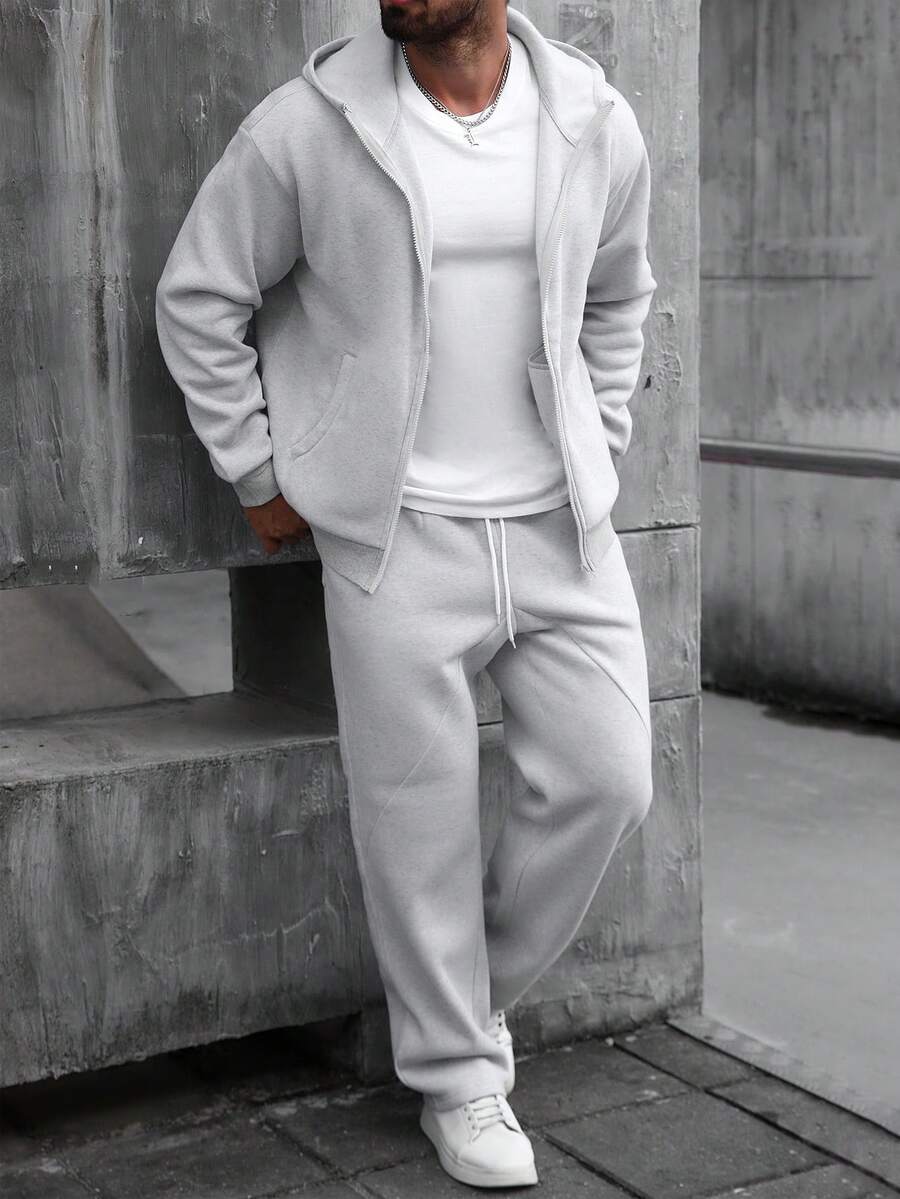Men’s Grey Two-Piece Tracksuit – Casual Hoodie & Flared Jogger Set