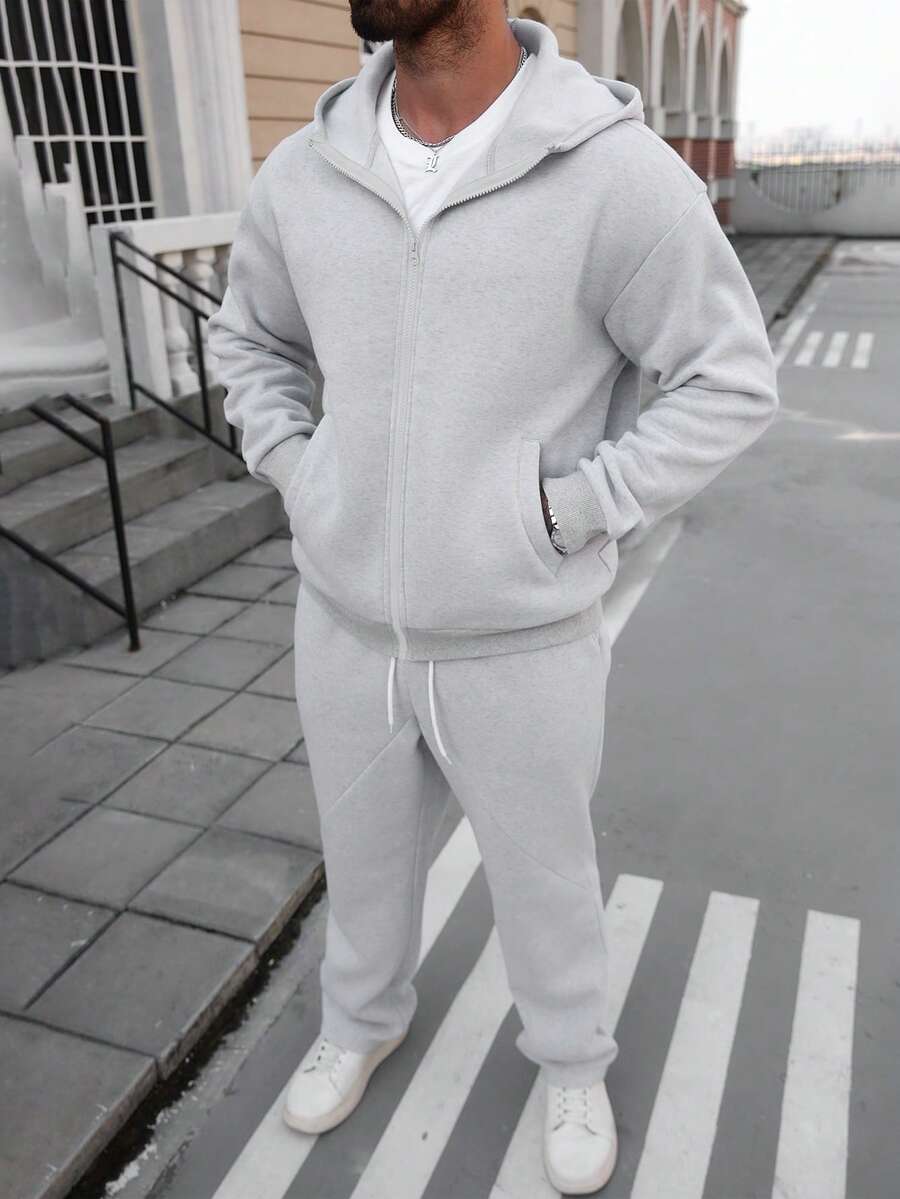 Men’s Grey Two-Piece Tracksuit – Casual Hoodie & Flared Jogger Set
