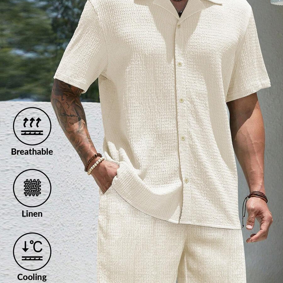 Men’s Jacquard Two-Piece Summer Set – Short Sleeve Shirt & Shorts Casual Outfit