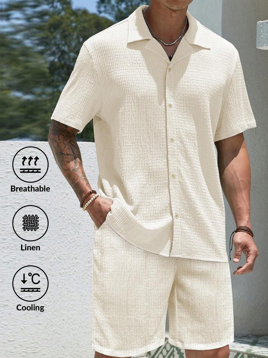 Men’s Jacquard Two-Piece Summer Set – Short Sleeve Shirt & Shorts Casual Outfit