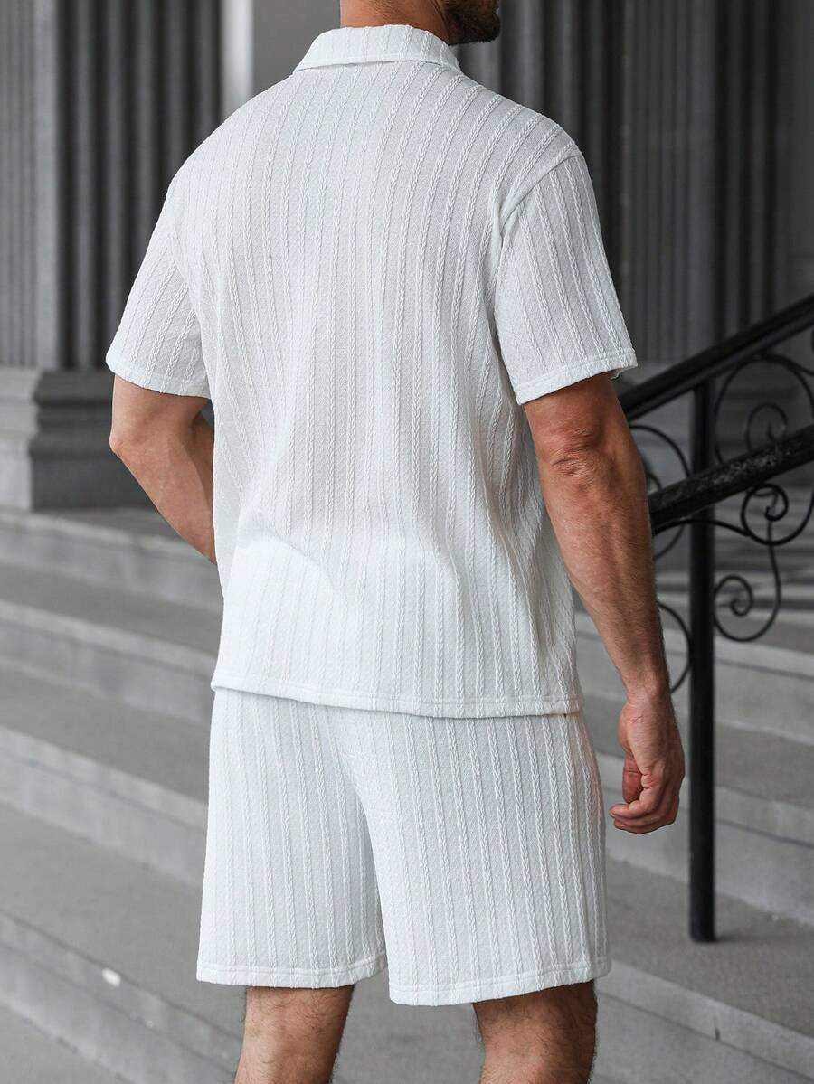 Men’s Geometric Pattern Short Sleeve Polo Shirt and Shorts Casual Outfit Set