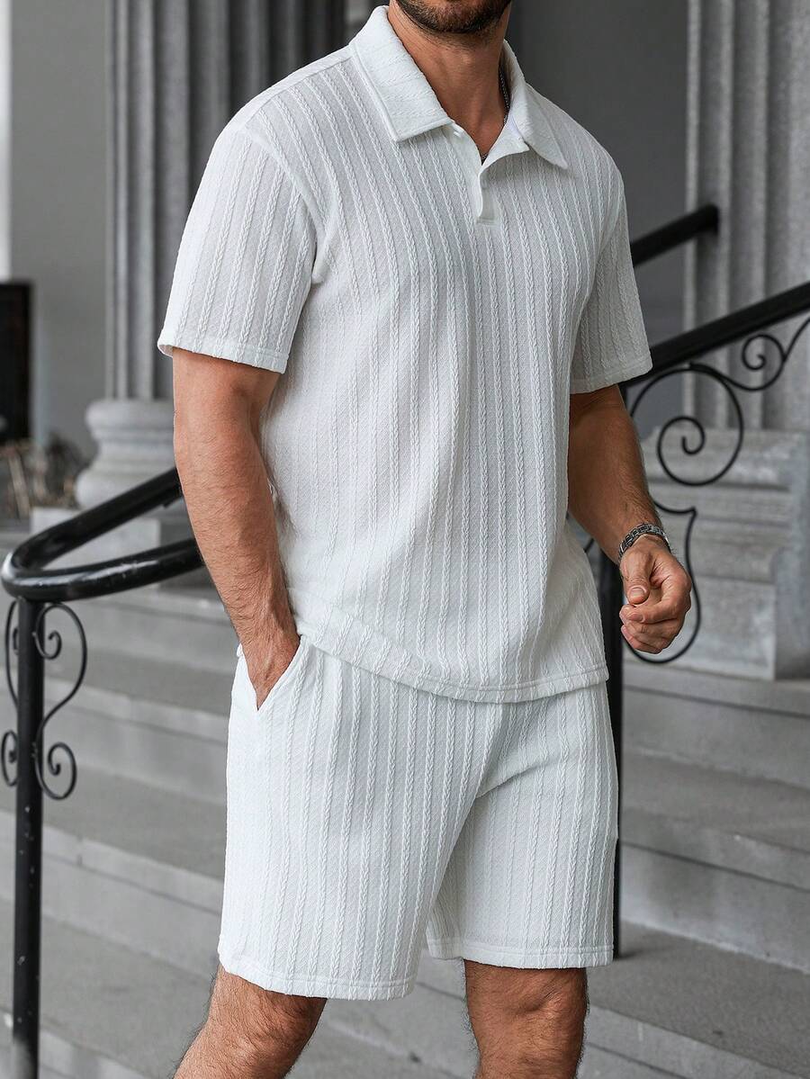 Men’s Geometric Pattern Short Sleeve Polo Shirt and Shorts Casual Outfit Set
