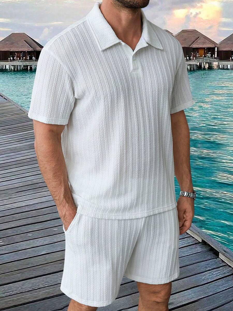 Men’s Geometric Pattern Short Sleeve Polo Shirt and Shorts Casual Outfit Set