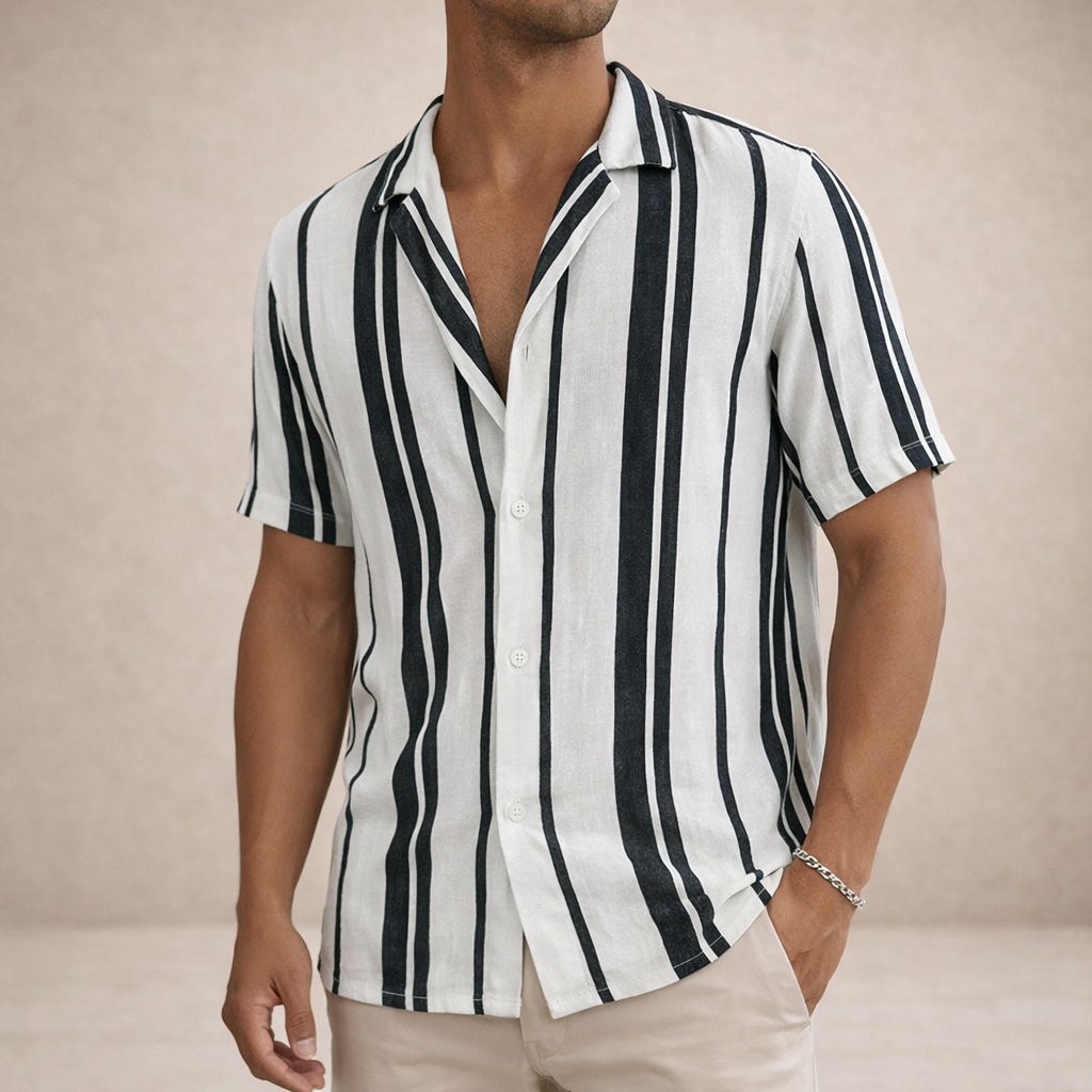 Men’s Striped Button Up Shirt Casual Short Sleeve Summer Beach Shirt