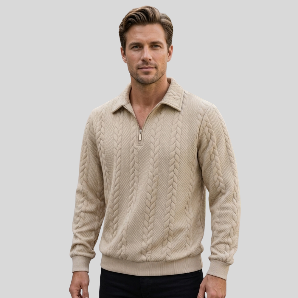 Men’s Quarter Zip Sweater Cable Knit Collared Pullover