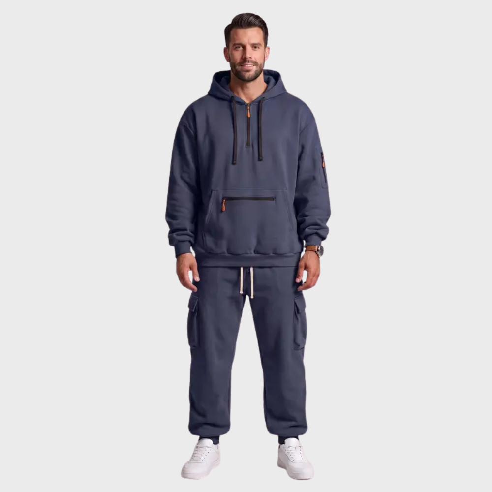 Men’s Hooded Sweatshirt Set – Casual Drawstring Top and Cargo Jogger Pants