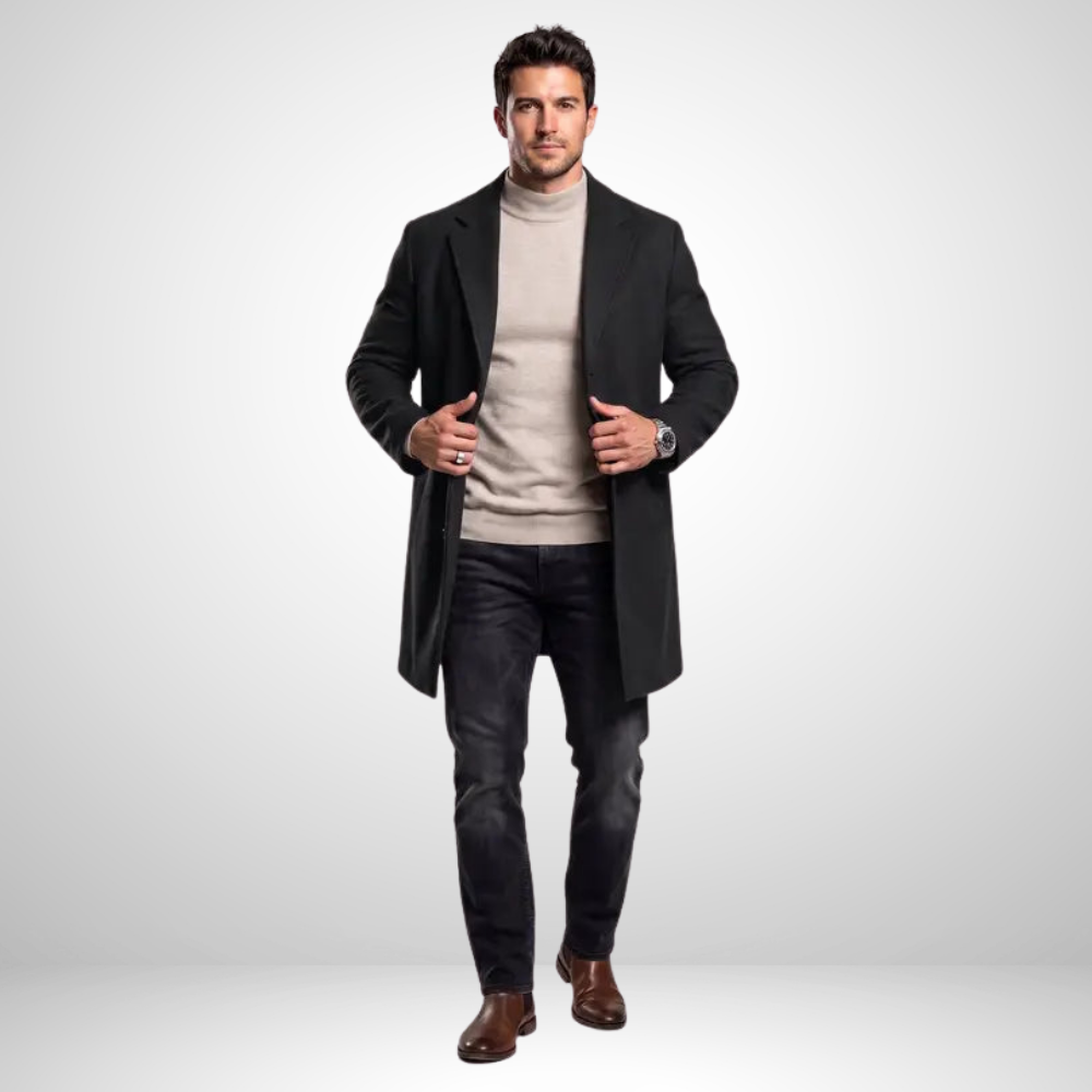 Men’s Long Overcoat Lapel Coat Casual Business Outerwear