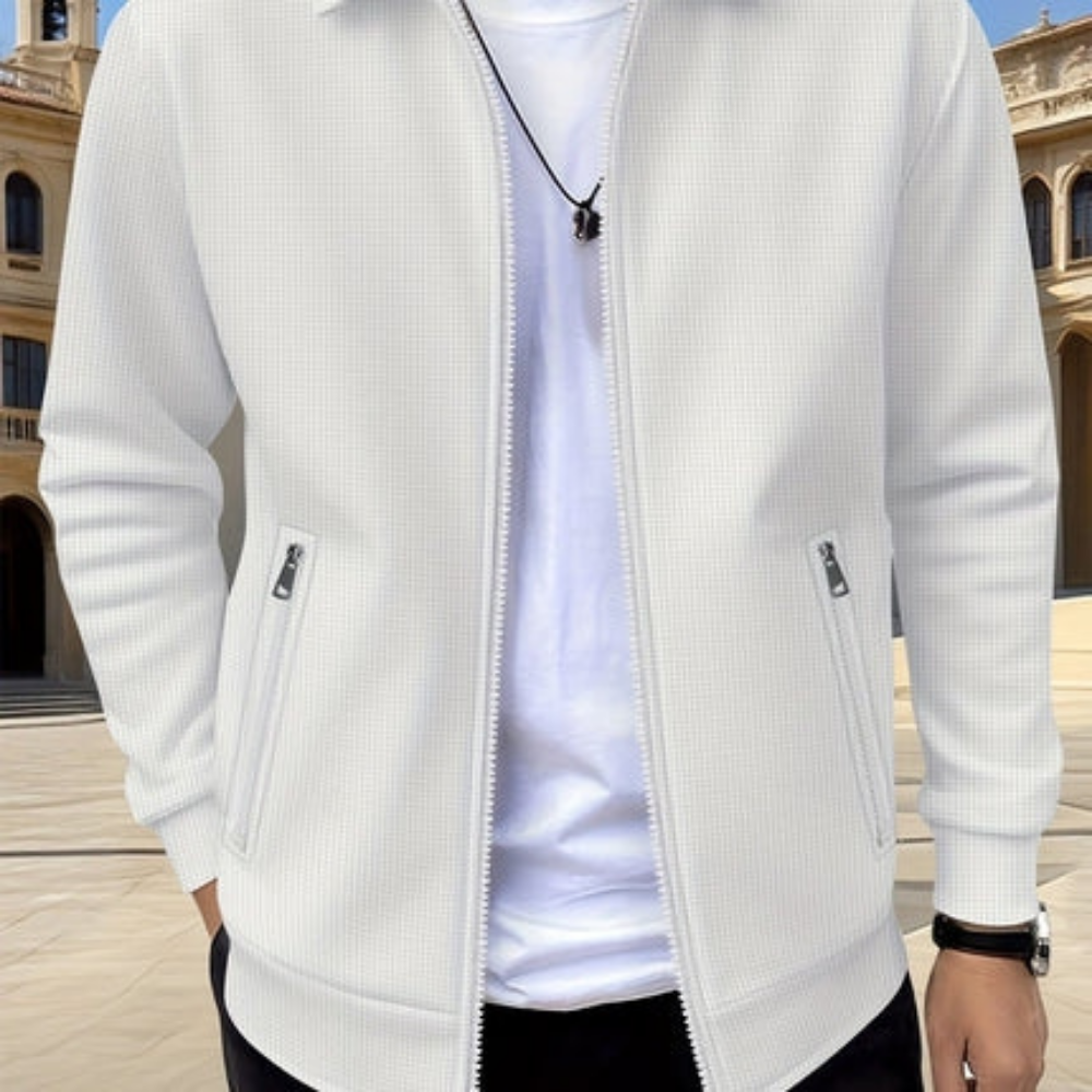 Men’s Textured Zip-Up Jacket with Stand Collar for Everyday Wear