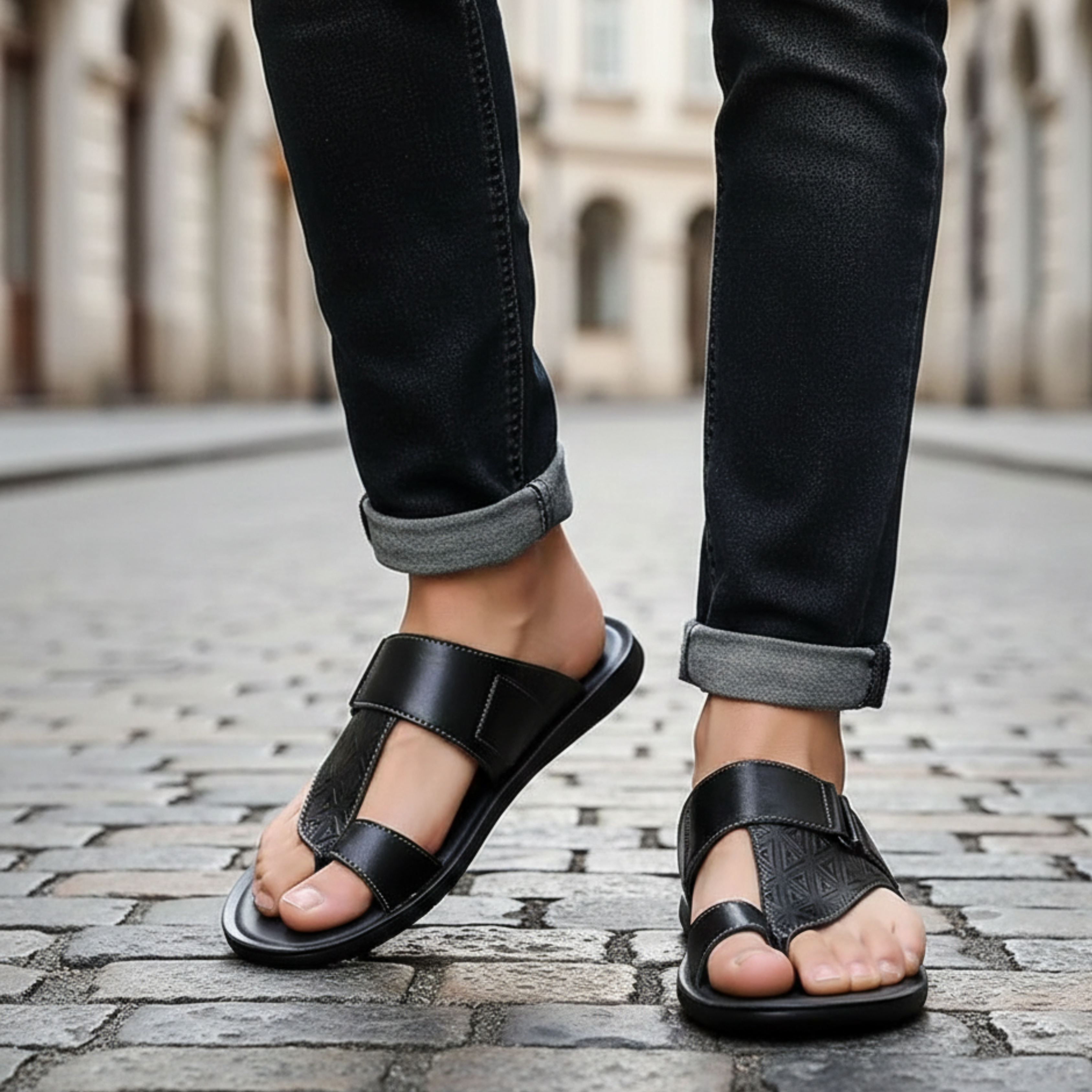 Sandals Leather Adjustable Strap Flat Men