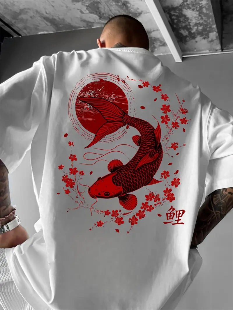 Men's Casual Koi & Cherry Blossom T-Shirt – Loose Fit Summer Top with Glossy Finish - Solorfit
