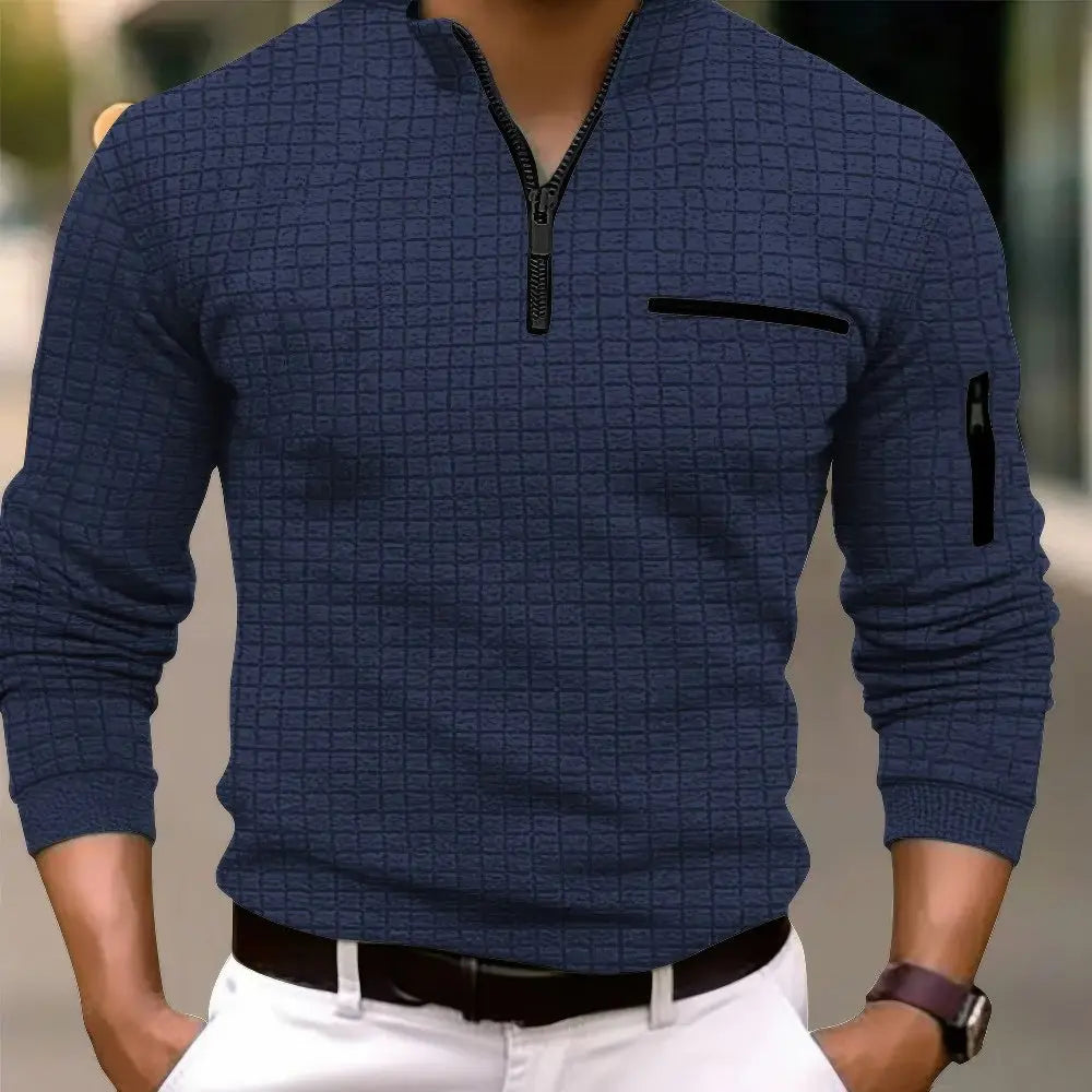 Men's Casual Cotton Long Sleeve Polo Shirt Pocket Zipper - Solorfit