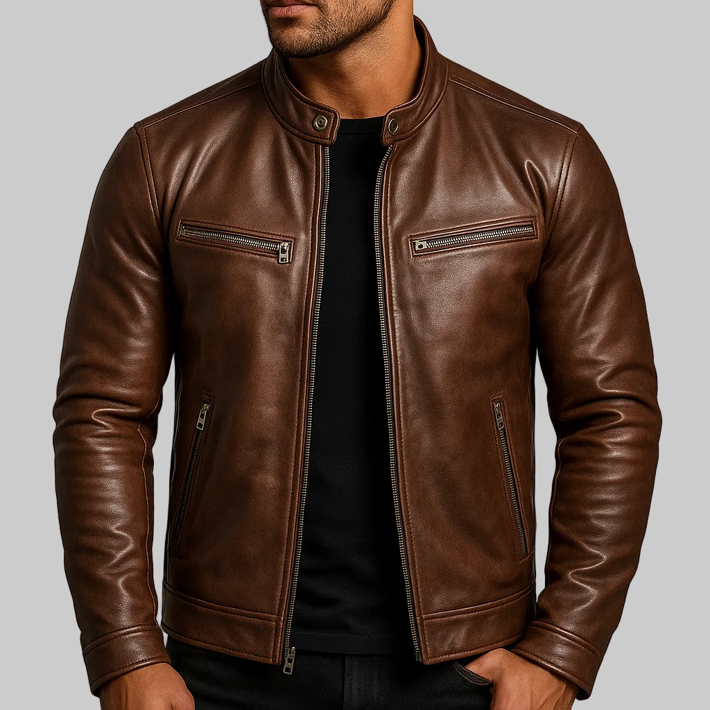 Men’s Casual Leather Jacket Zip Up Motorcycle Style Outerwear