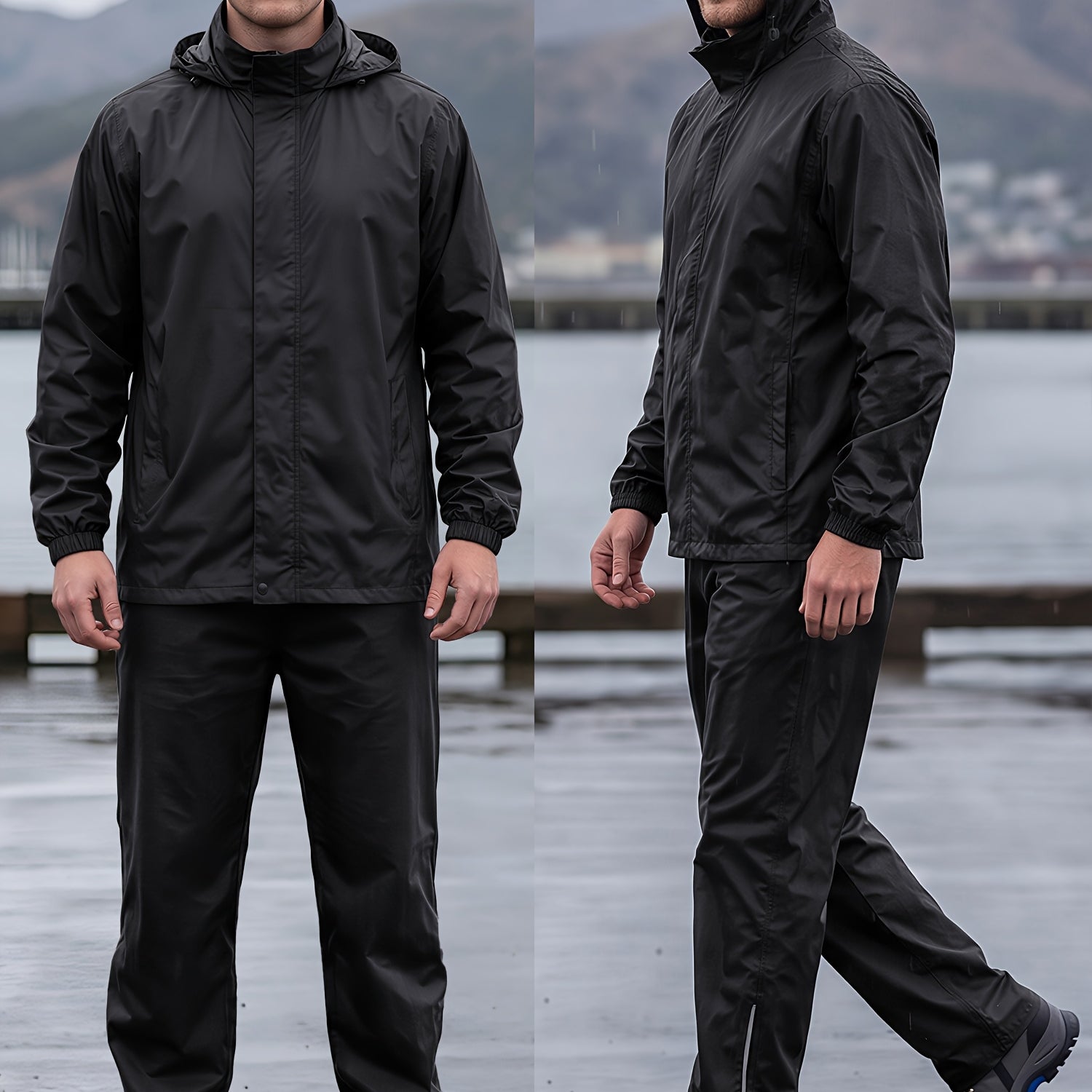Men's Waterproof Rain Suit 2 Piece Set with Hooded Jacket and Trousers