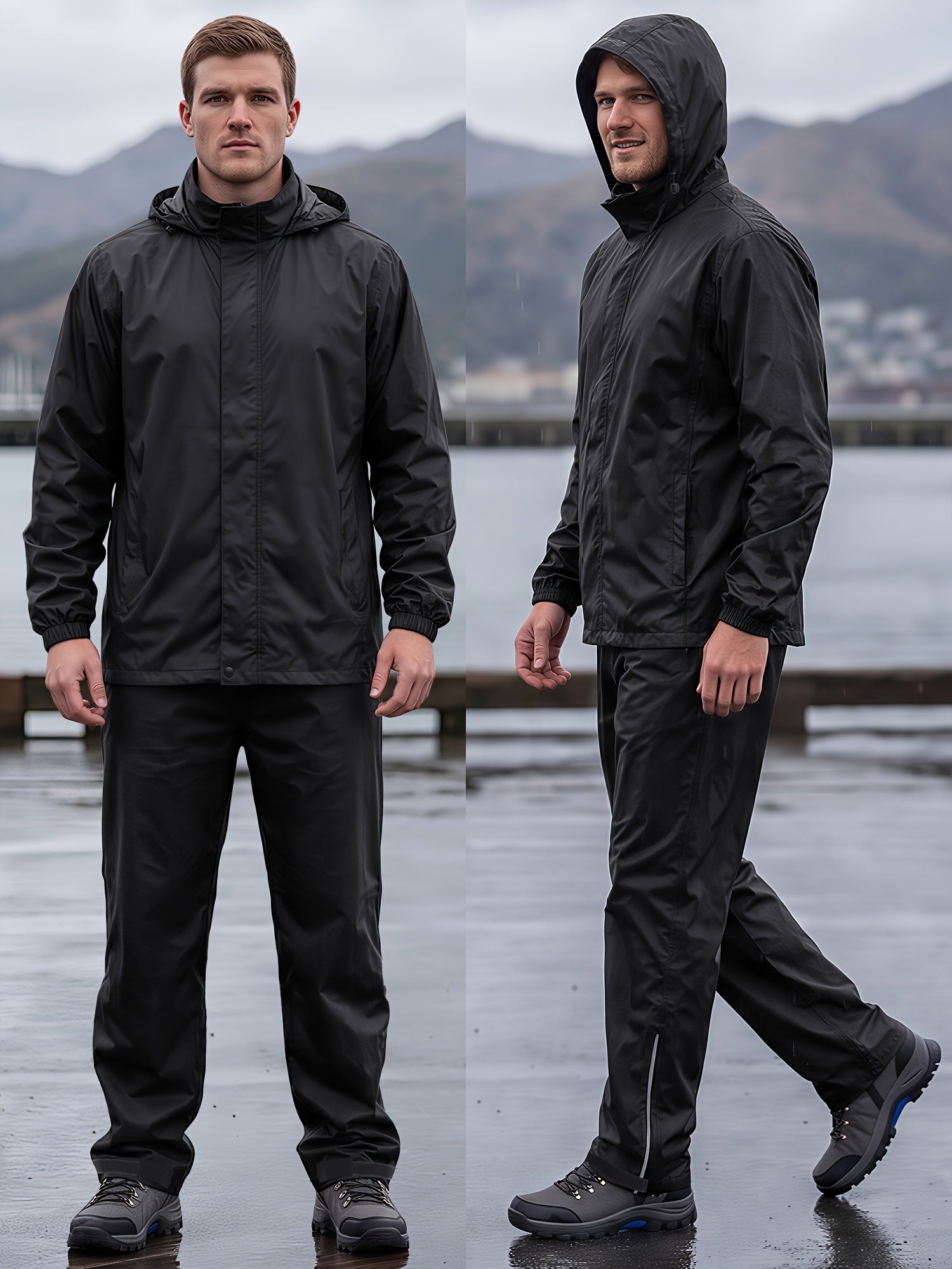 Men's Waterproof Rain Suit 2 Piece Set with Hooded Jacket and Trousers