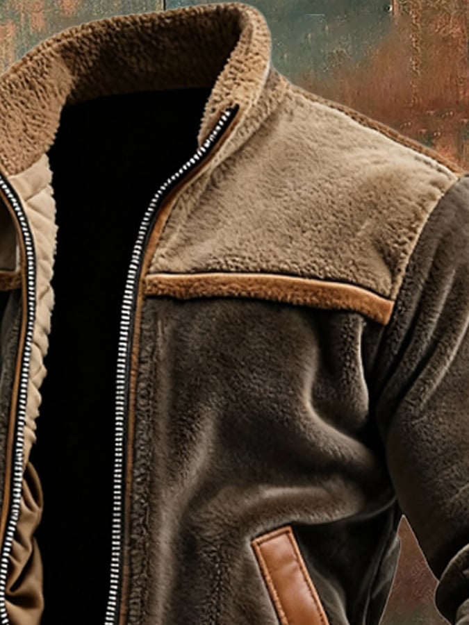 Men’s Velour & Leather Jacket with Lined Fluffy Interior