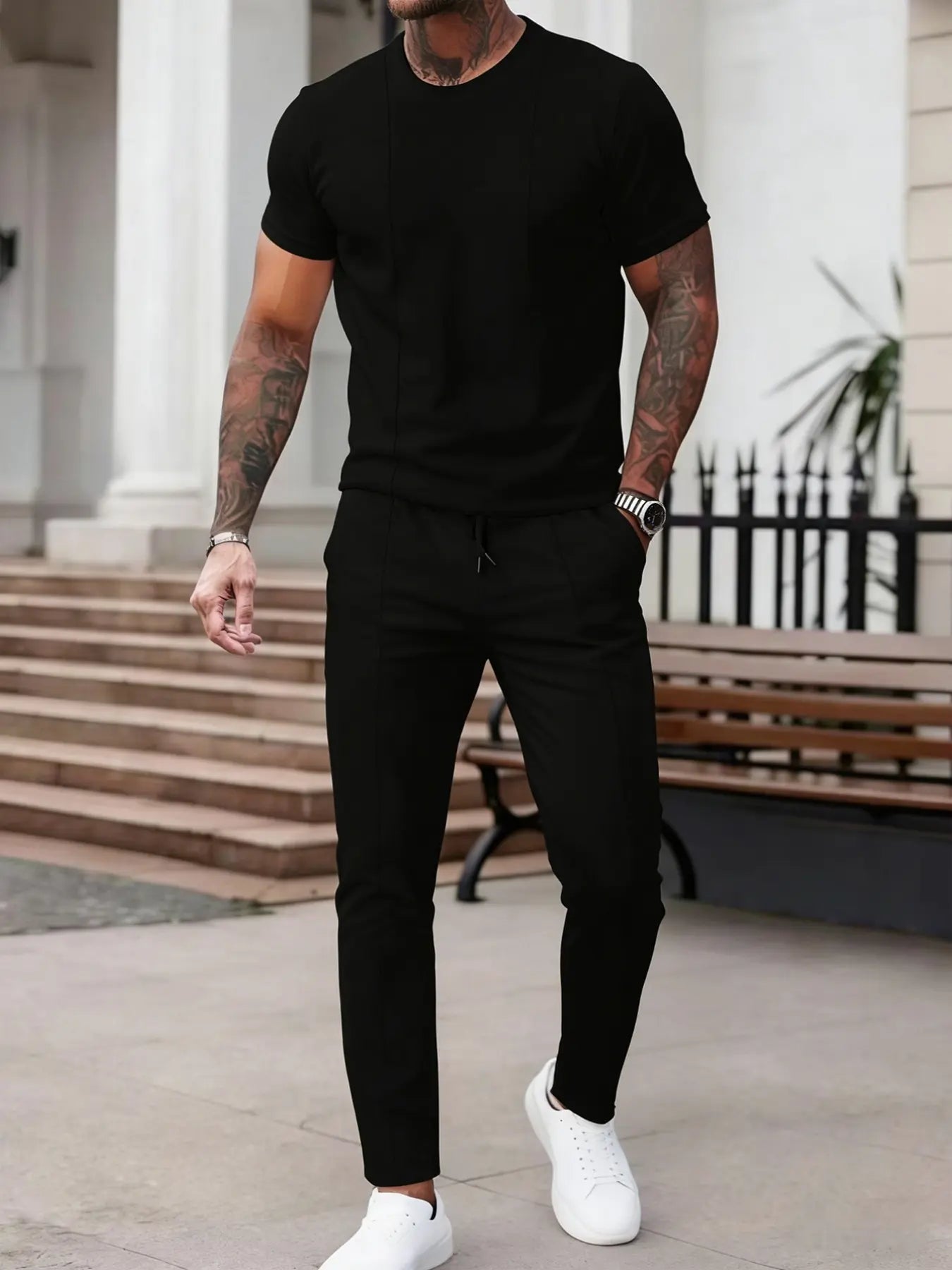 Men’s Casual Short Sleeve Shirt and Pants Set Slim Fit Everyday Outfit