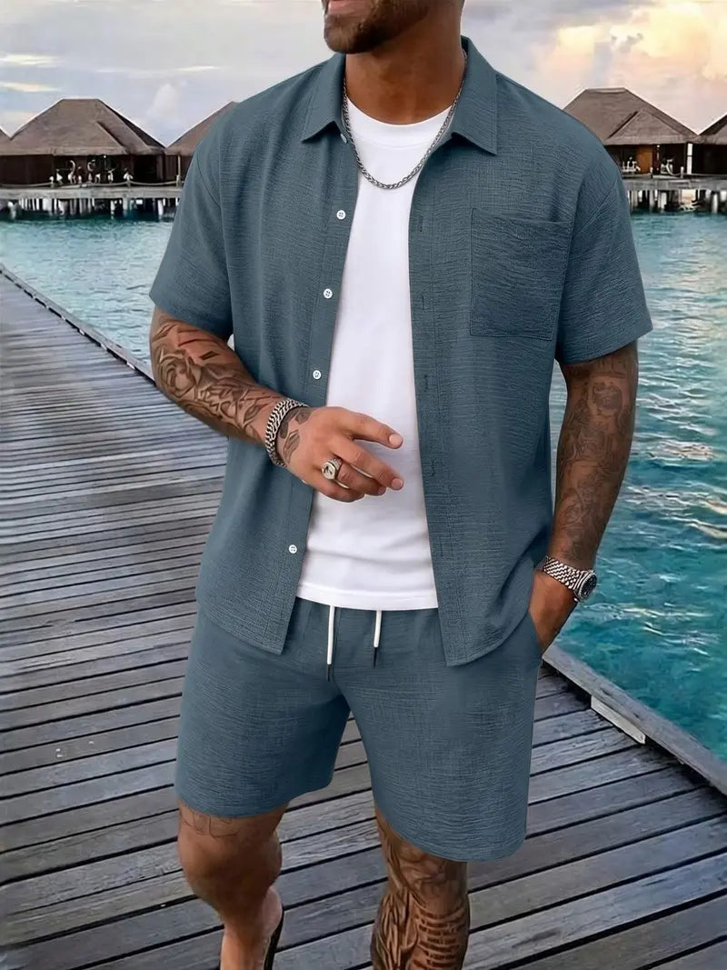 Men's Casual 2 Piece Matching Set with Shirt and Shorts