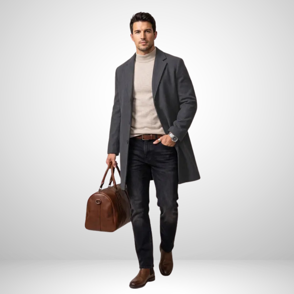 Men’s Long Overcoat Lapel Coat Casual Business Outerwear